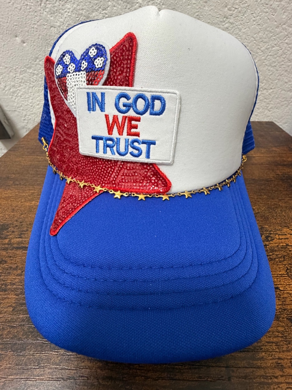 Custom Patriotic 'In God We Trust' Blue and White Trucker Hat